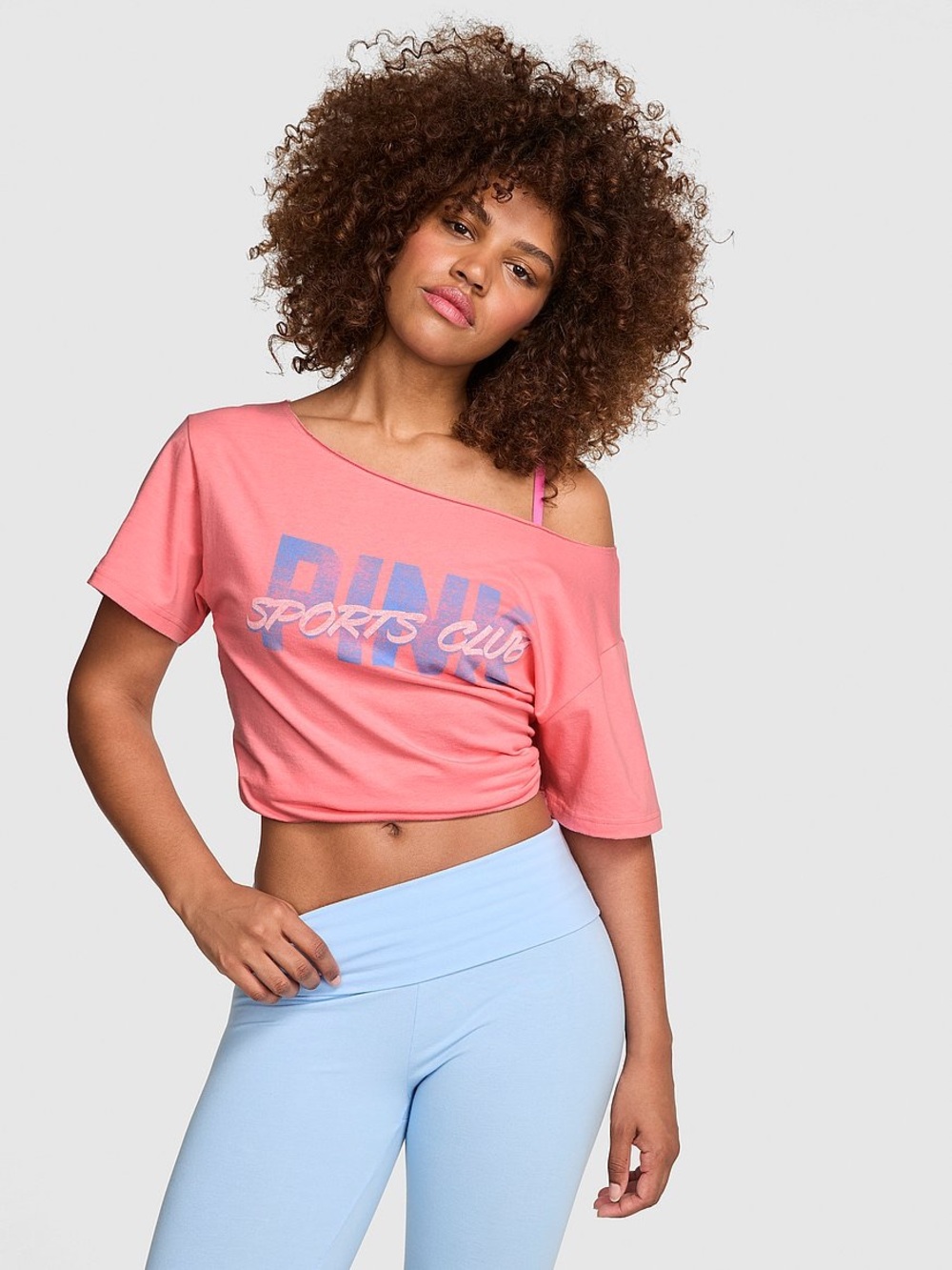 PINK Victoria's Secret Coral Pink Logo Off the Shoulder Tee